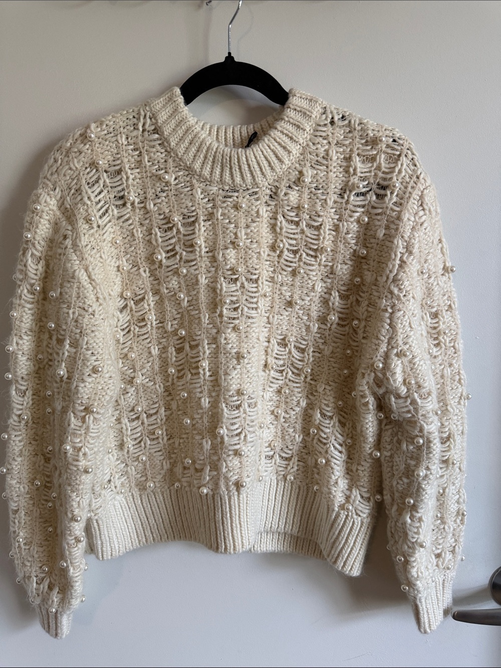 Zara Cozycore Open-Work Crew Neck Sweater. W/Pearl stud detail Sz S excel cond